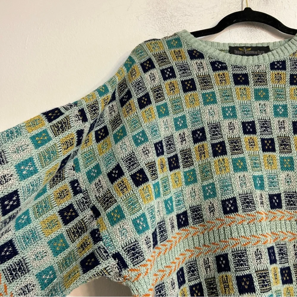 Vintage 90s Square Geometric Eclectic Grandpa Blue Knit Crewneck Sweater XL
